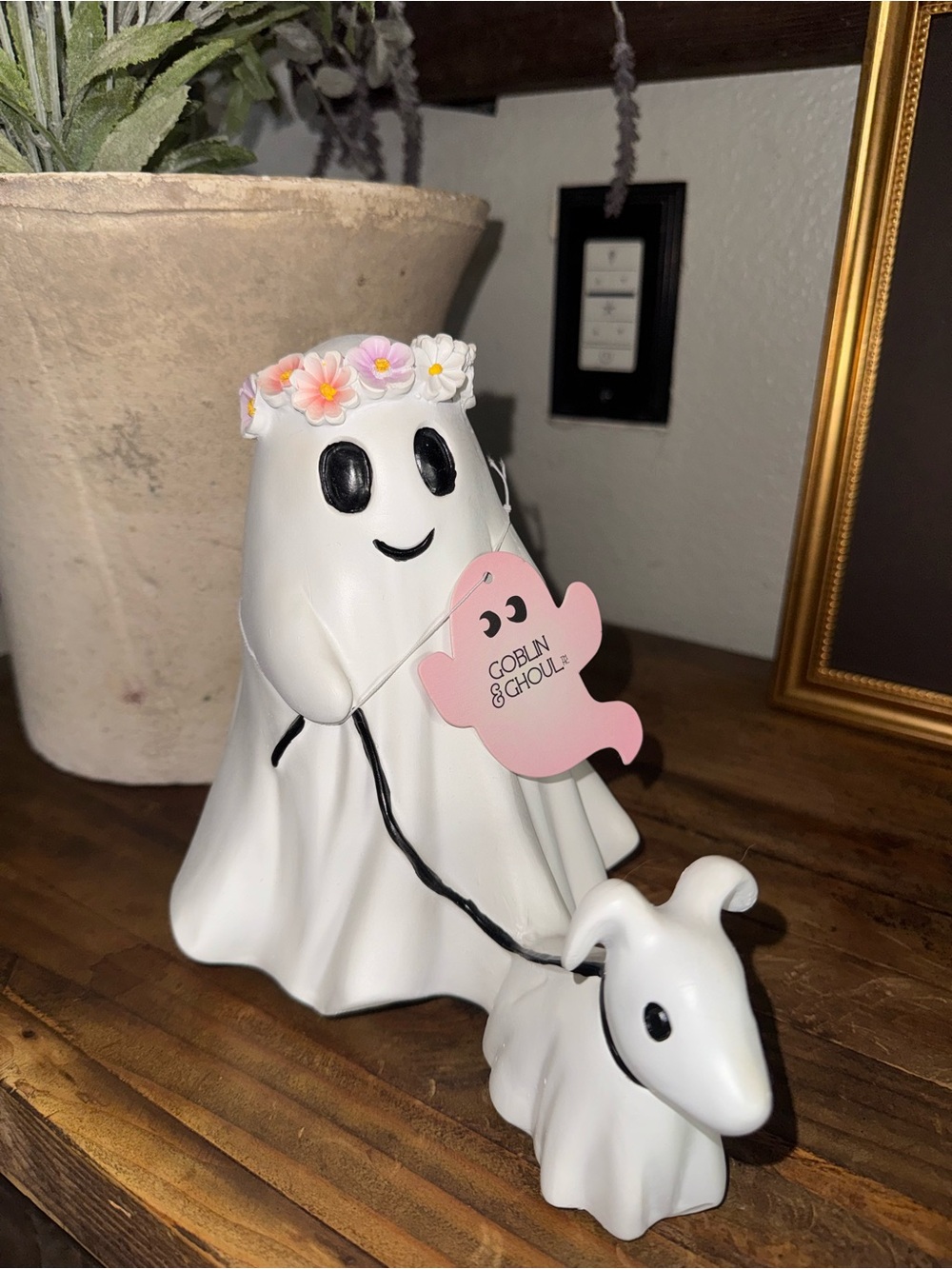 Goblin & Ghoul White Ghost Figurine with Pink Flower Crown